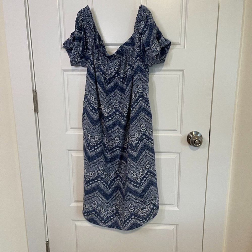 Cc Blue & White Floral Zig Zag Striped Short Sleeve Off Shoulder Dress Size M